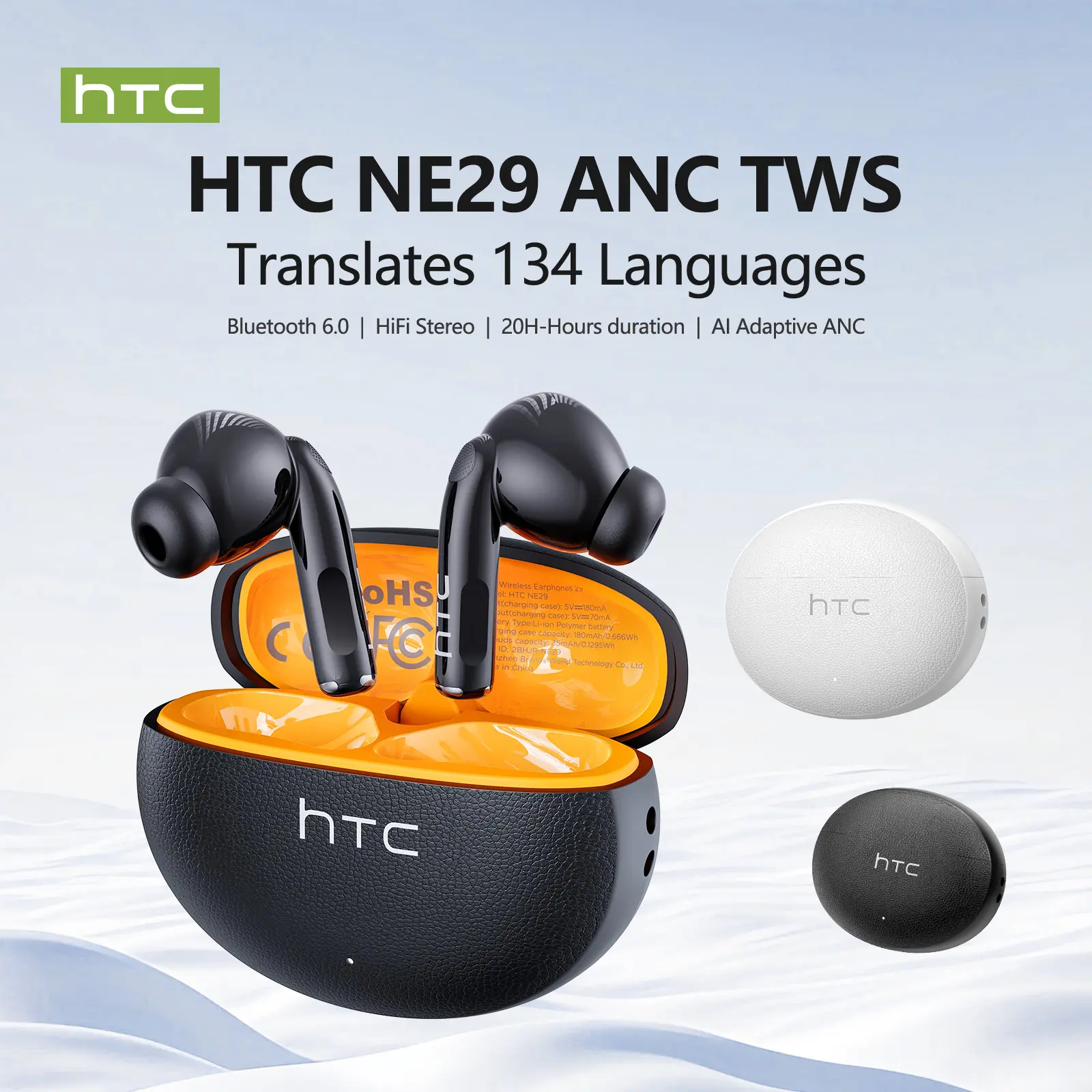 HTC NE29 Bluetooth Headset (6.0), Charging Box, IPX5 Waterproof, 20-hour Charging Box Built-in Microphone. Three-month warranty! 20-hour charging box
