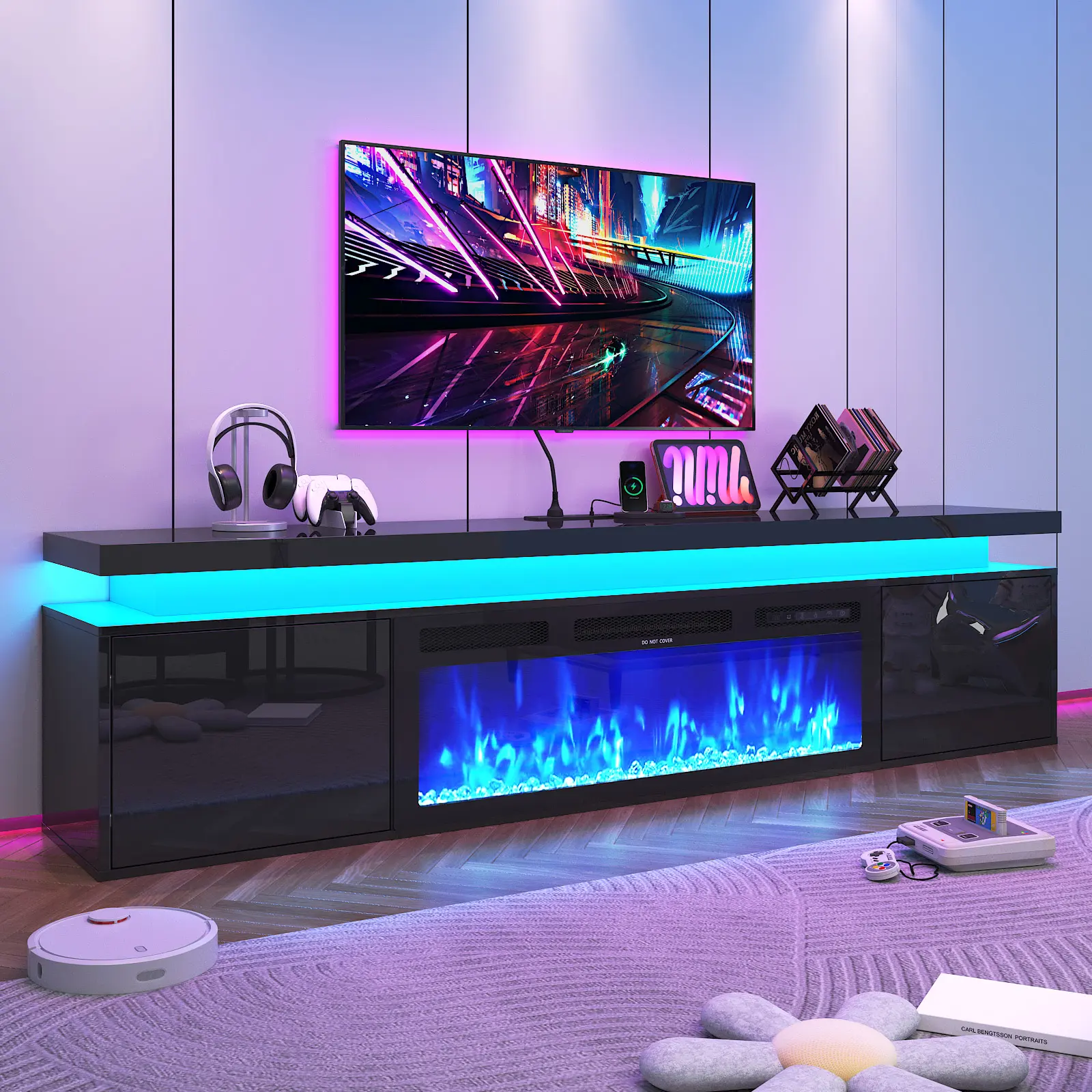 Modern Floating Fireplace TV Stand with LED Lights - 36"-40" Electric Fireplace with Flame Effect, Wall Mount Compatible, 70"-80" TV Console Table, Furniture for Living Room, Ideal for Watch Parties (Fits Up to 80" Televisions)