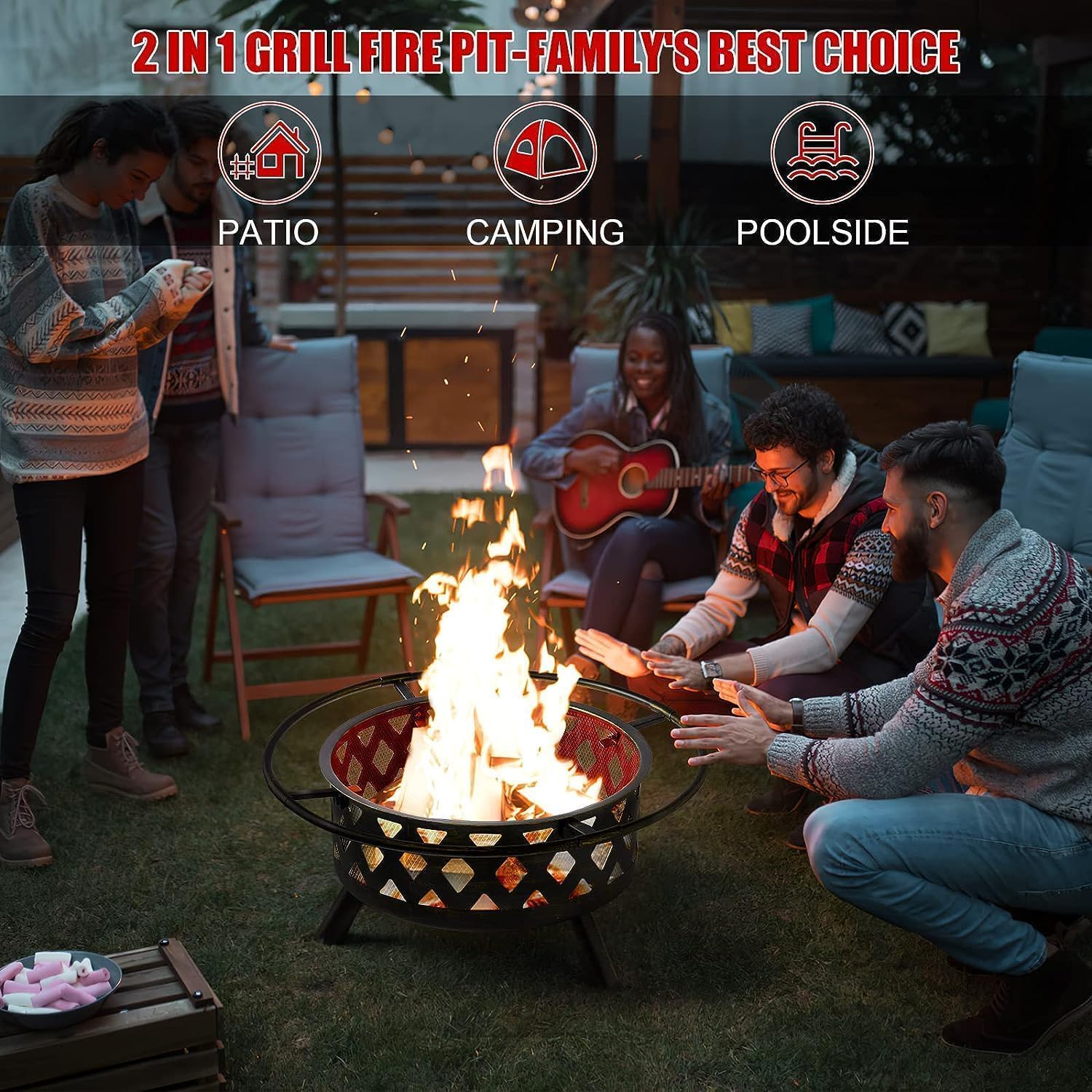 Aoxun 2 in 1 Fire Pit with Grill 30'' Wood Burning Outdoor Fire Pits Outside with Metal BBQ Grill Spark Screen Poker for Patio Backyard Garden 360° Adjustable Grill Airflow Design - Exterior