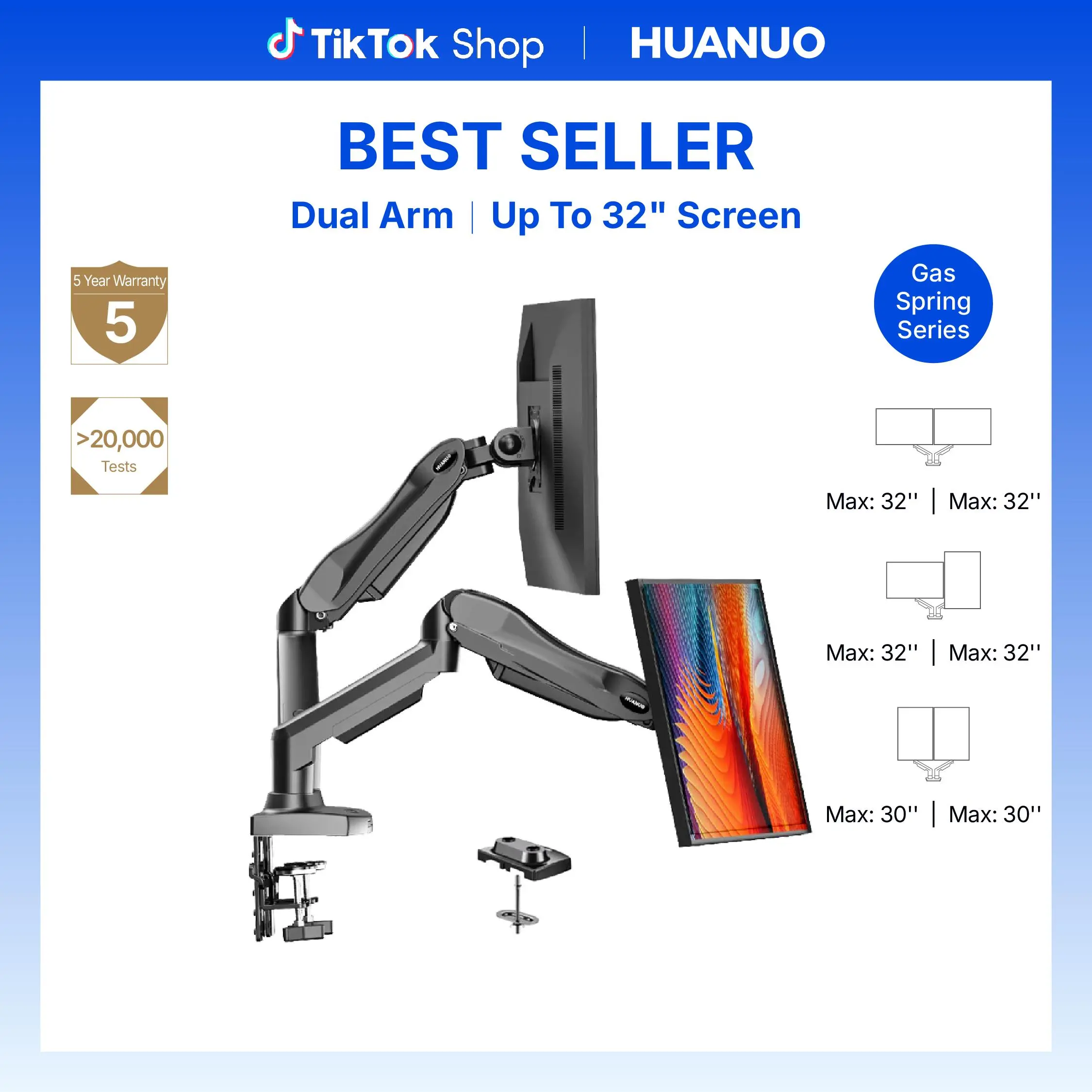 HUANUO Fully Adjustable Single Monitor Arm Riser - Computer Stand, Desk Accessories, 13-34 in Screen Mount, Tool-Free VESA Installation, Cable Management, 19.8 lbs Max Load, 100x100mm Max VESA Compatibility,back to school,back to school shopping