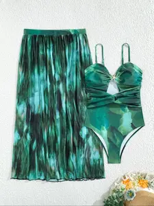 Women's All Over Print One-piece Swimsuit & Tulle Cover Up Skirt Set, Casual Fashion Swimwear Set Swimsuit Coverup Beach Cover Ups for Beach Holiday Vacation, Ladies Swimsuit for All Seasons