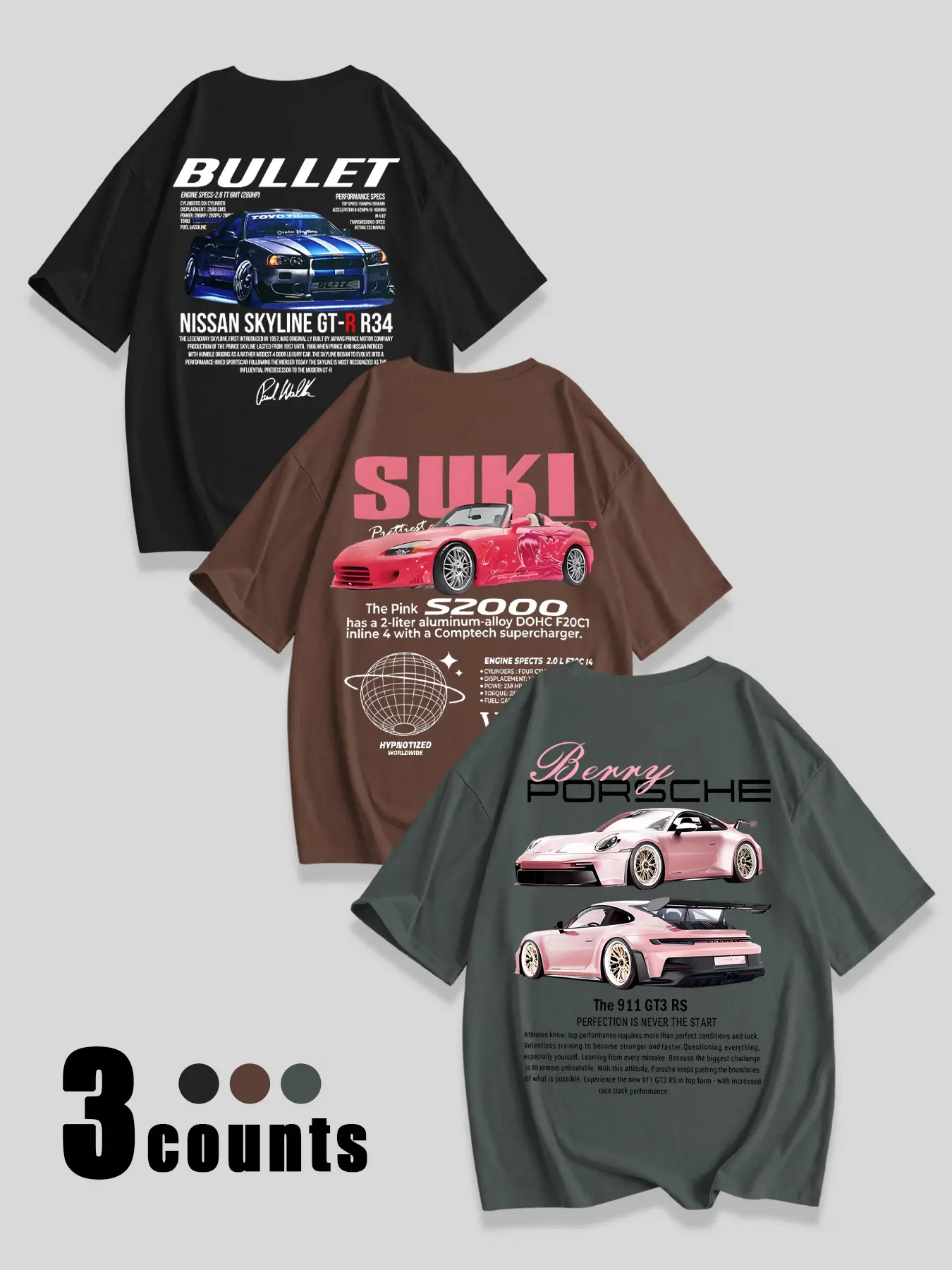 Women's 3-Pack Breathable Lightweight Loose-Fit Oversized Round Neck T-Shirts, Racing Car Graphic Print Casual Tops for Daily Wear