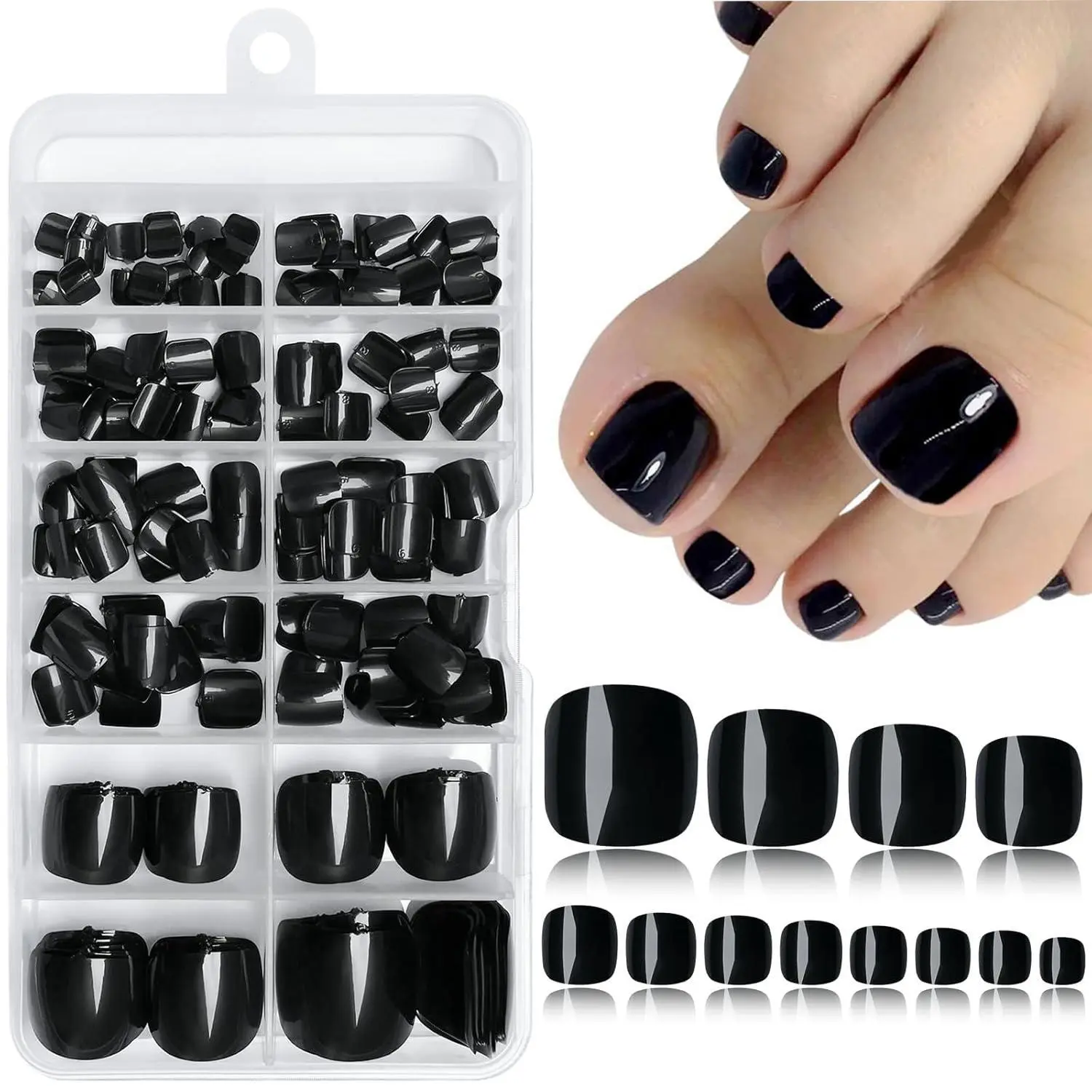 Black Short Square Press on Toenails Diy False Toenails, 120pcs/set Full Cover Glossy Acrylic False Toe Nails Tips for Women and Girls Foot Decor Nail Kit Set
