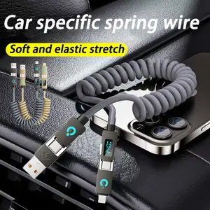 4-in-1 240W spring-loaded retractable high-speed USB charging cable with digital display, compatible with iPhone 16/15/14/13/12/11 Pro Max Plus, Xiaomi, Huawei, Honor, laptops, and power banks. Features refined cable management, high-quality connectors, a