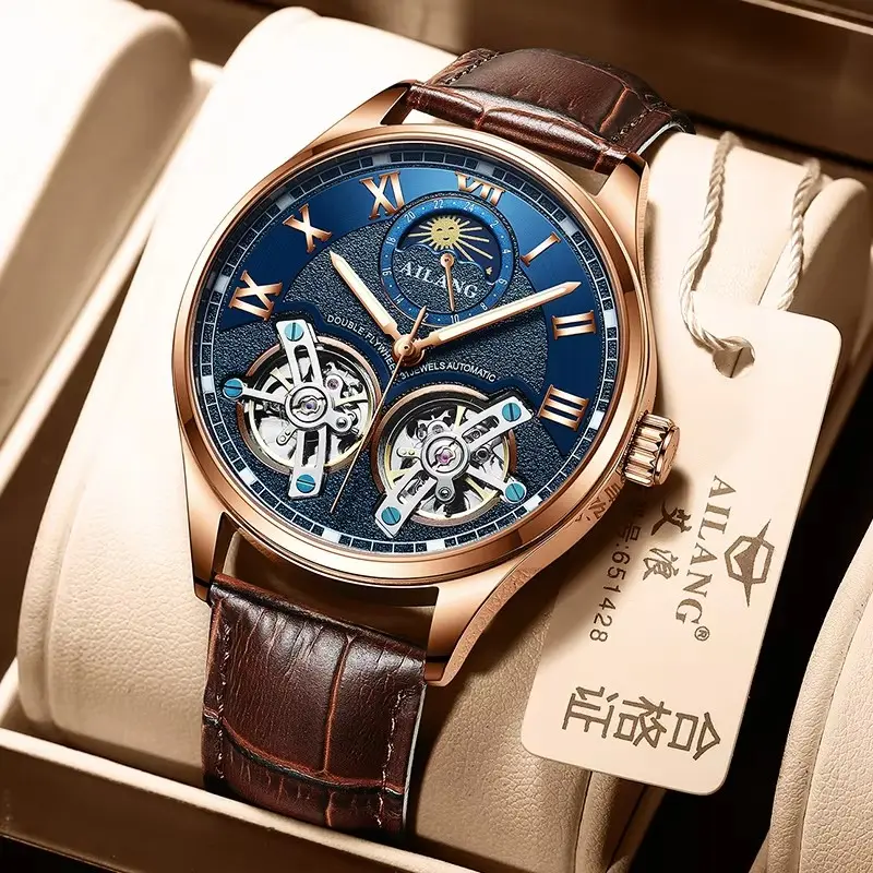AILANG Original Design Men's Waterproof Automatic Mechanical Watch - Analog Display, Double Flywheel, Dual Time Chronograph, Illuminated Fashion Leisure-Business Wristwatch, Automatic Mechanical Watches, Chronograph Mechanical Watches