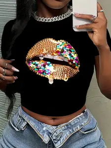 Women's Lip Print Round Neck Tee, Fashion Casual Streetwear Crew Neck Short Sleeve Fit T-shirt for Daily Everyday Holiday Vacation Outdoor Wear, Ladies Clothes for All Seasons Womenswear Top Summer