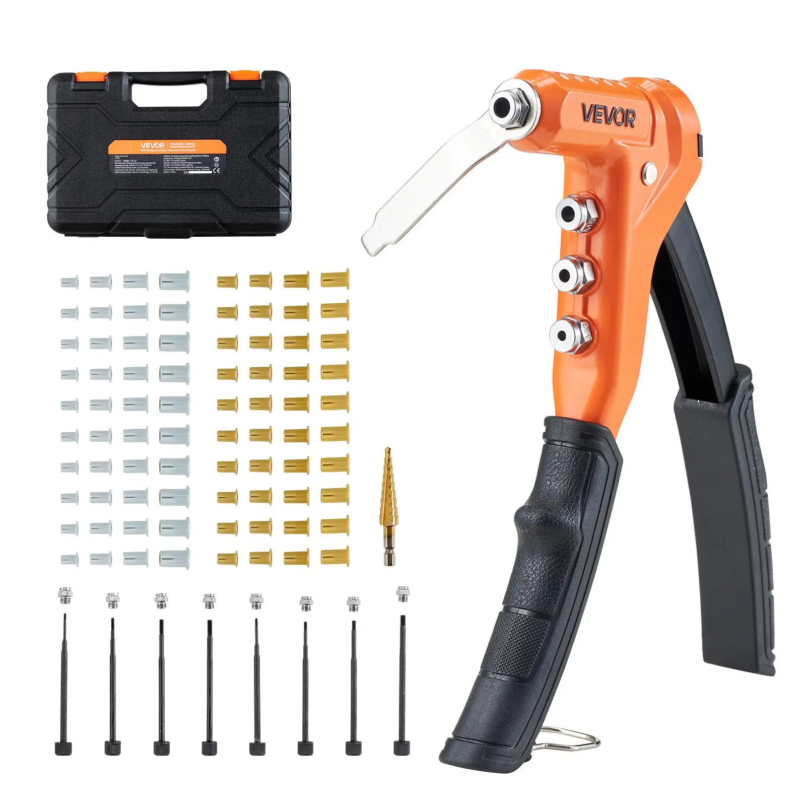 【summerfinds】VEVOR Rivet Nut Tool Kit, 9-Inch One-Handed Rivnut Tool Kit, with 8 Mandrels, a Step Drill Bit and 80 Nuts, Metric and SAE Size M3, M4, M5, M6, 6-32, 8-32, 10-24, 1/4-20 UNC, with a Carrying Case