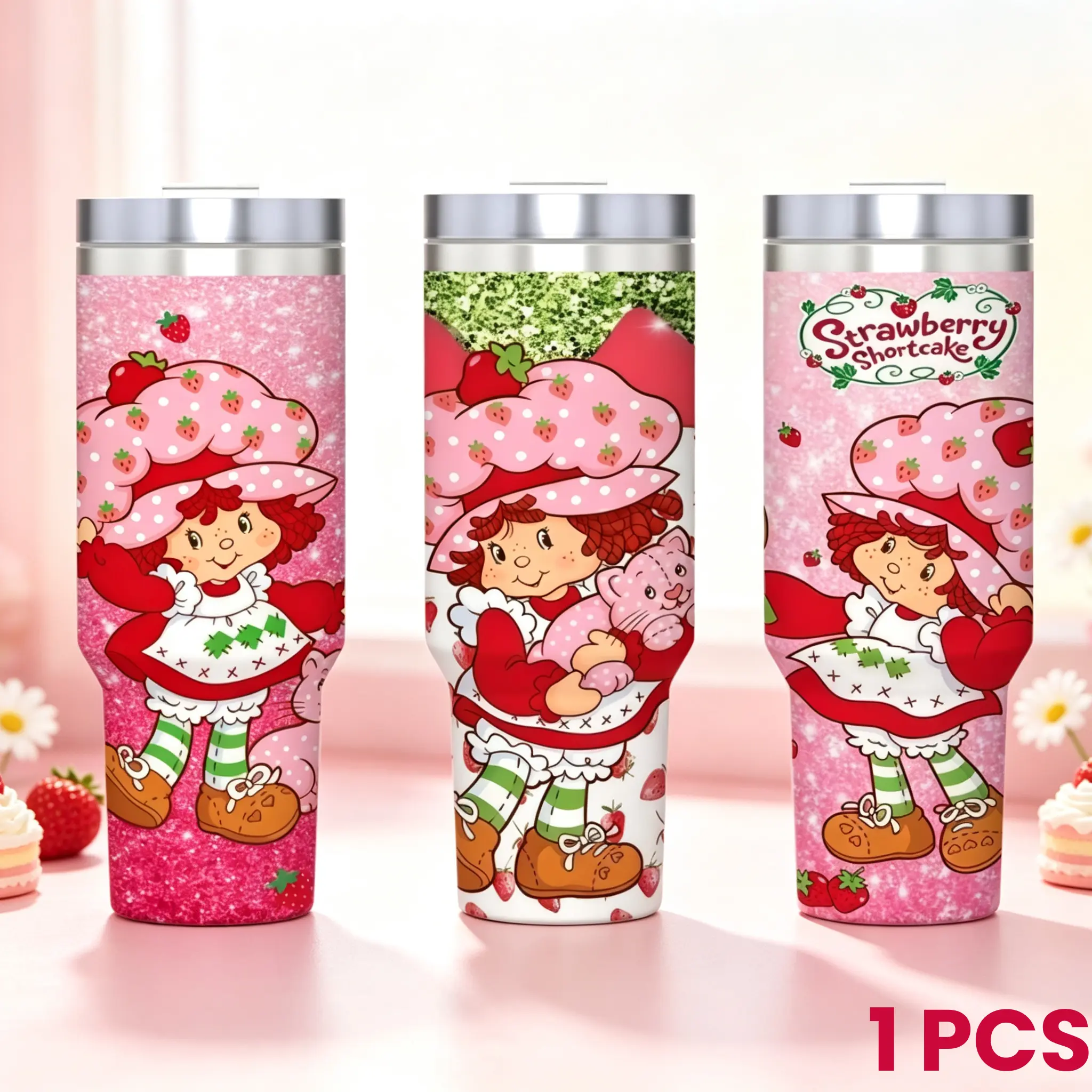 Strawberry Shortcake 40oz Tumbler With Lid Retro 80s Cartoon Character Stainless Steel Insulated Travel Cup Pink Glitter Design Large Capacity Coffee Water Mug For Girls Gift
