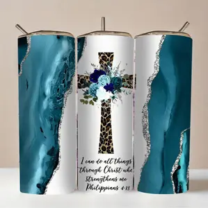 Insulated 20oz Stainless Steel Tumbler with Lid and Straw Featuring Prayer Cross Design Perfect for Hot and Cold Drinks Ideal for Home Travel or Outdoor Use