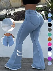 Women's High-Waisted Stretch Skinny Jeans, Womenswear - Light Wash Blue Distressed Flared Leg With Bottom frayed edge design, All-Season Skinny-Fit Denim Pants for Casual & Formal Events (Machine Washable) - High-Elastic Solid Color Design Lon