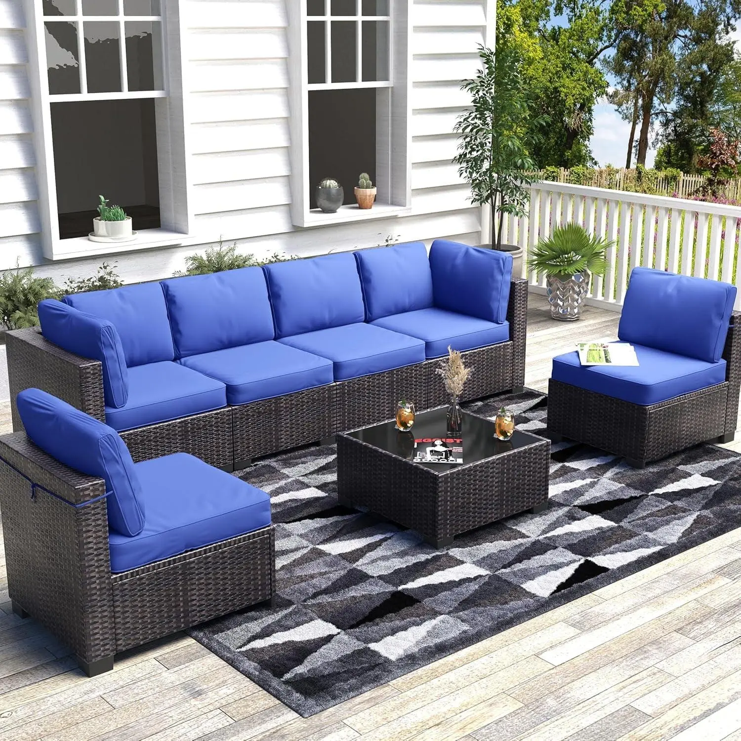 7-Piece Outdoor Patio Furniture Set, All-Weather Rattan Sectional Sofa with Cushions & Glass Coffee Table, Modular Conversation Set for Garden, Backyard & Poolside, Brown and Navy
