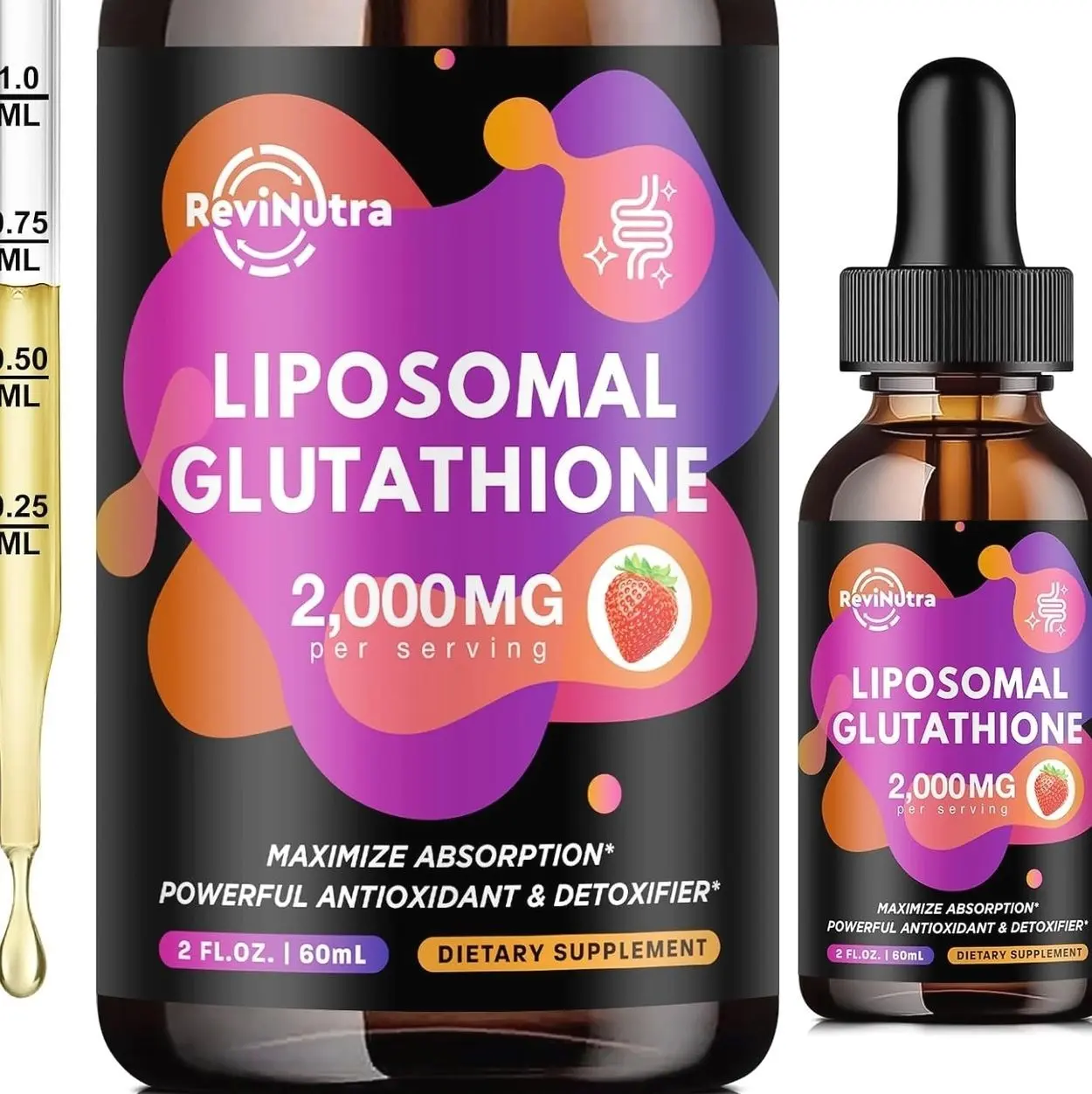 Liposomal Glutathione Supplement - 2000mg Glutathione Liquid Drops with Vitamin C, Curcumin & Trans-Resveratrol - Powerful Antioxidant for Immune, Skin Health & Liver Detox - Strawberry