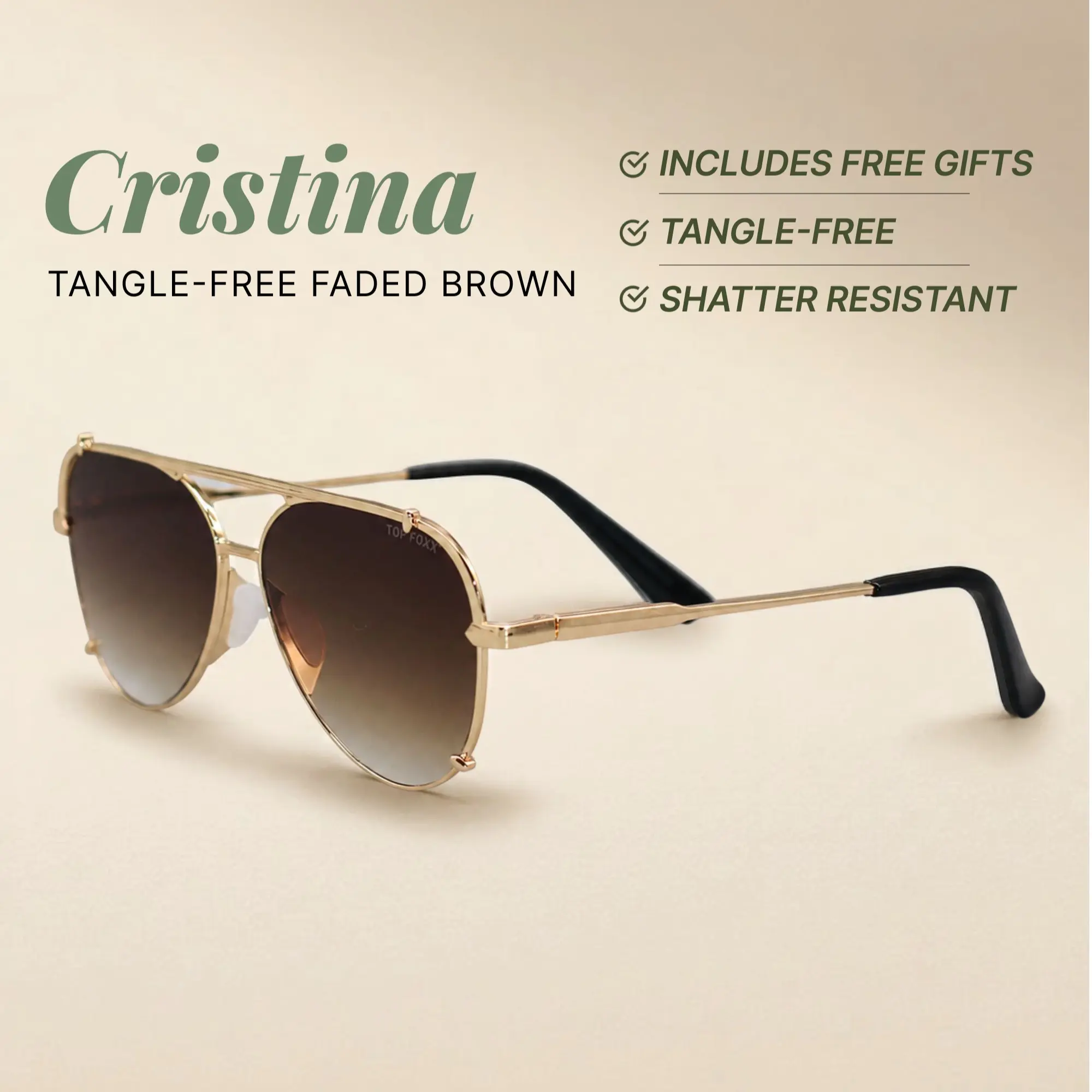 Cristina - Faded Brown Tangle Free Round Aviator Sunglasses - Certified Shatter-Resistant Lenses - UV400 - For Women & Men