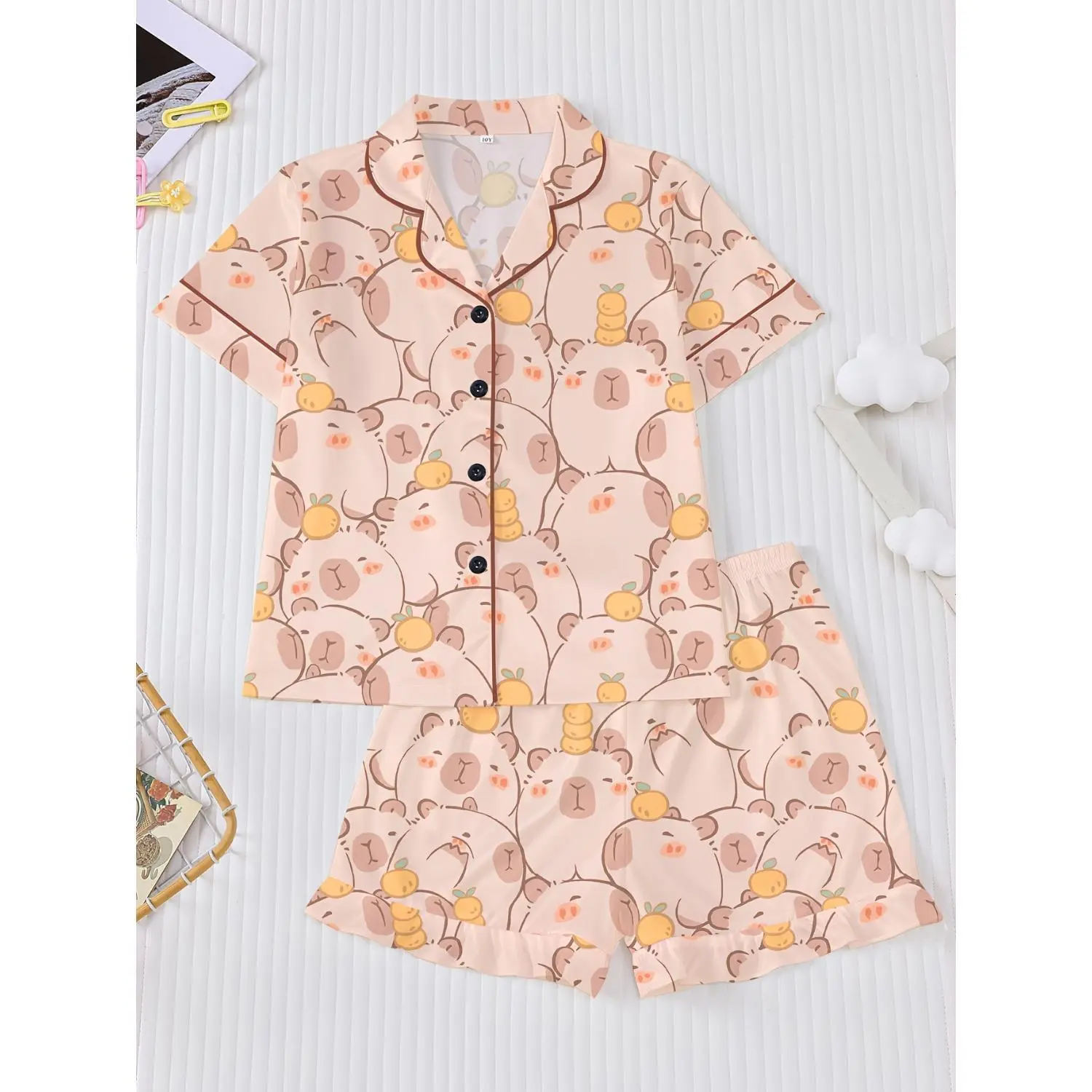 Kids' 2-Piece Flame Retardant Cartoon Print Pajama Set, 2026 Summer Short Sleeve Tops & Shorts for Boys and Girls