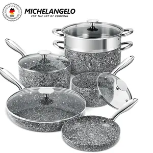 MICHELANGELO Stone Cookware Set 10 Piece, Ultra Non-stick New Pots and Pans Set with Stone-Derived Coating for Kitchen, Granite-10 Piece Pots Pans Set
