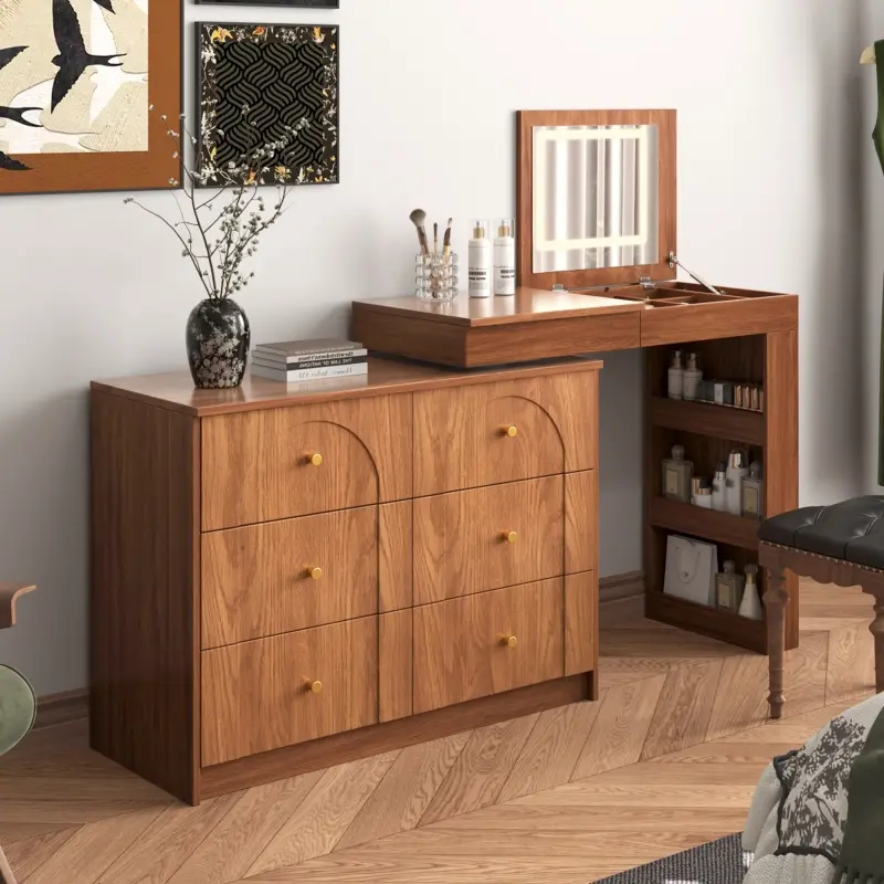 (High end and high-quality)Vanity Desk with Mirror and Lights, Makeup Vanity Table with Flip-Top Tabletop and Storage 7 Drawers, 9 Compartments, 3 Shelves, 3 Color Modes Adjustable Makeup Table for Bedroom, Walnut vanity  without  let