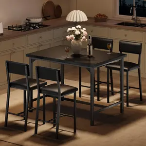 Rustic Small Kitchen Dining Set for 4 W/Footrest & Backrest, Counter Height Table with 4 Upholstered Bar Stools, Kitchen Table Set with Corner Protector, for Small Space, Black