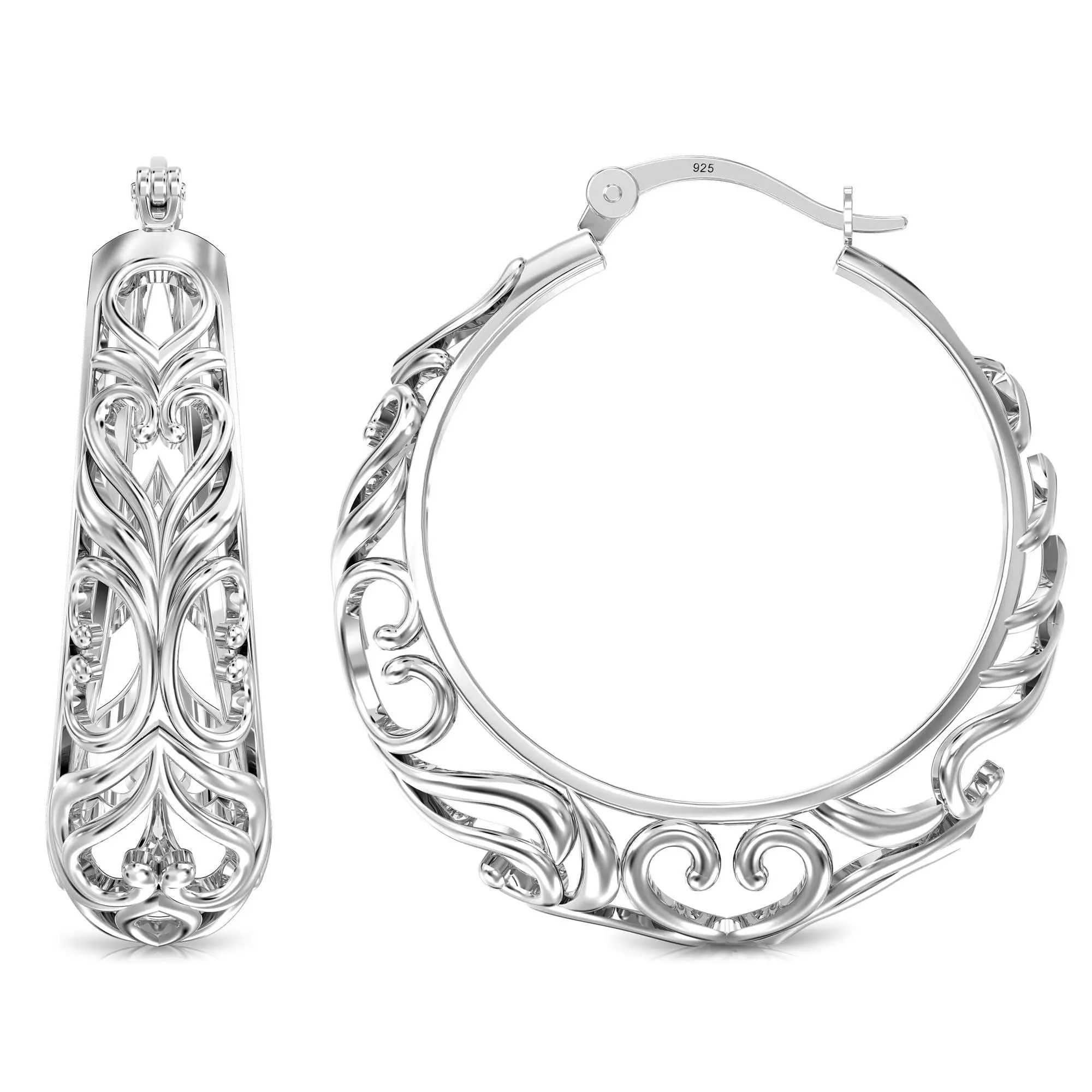 LeCalla 925 Sterling Silver Filigree Hoop Earrings | Chunky Heart Filigree Earrings | Round Hoop Earrings | High Polished Classic Click-Top Earring Hoop for Women 27MM