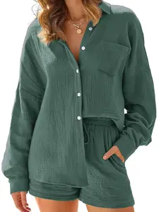 VVZ 2026 Women's 2-Piece Outfit: Oversized Bubble Gauze Button-Down Shirt & Drawstring Shorts Set, Casual Summer Loungewear