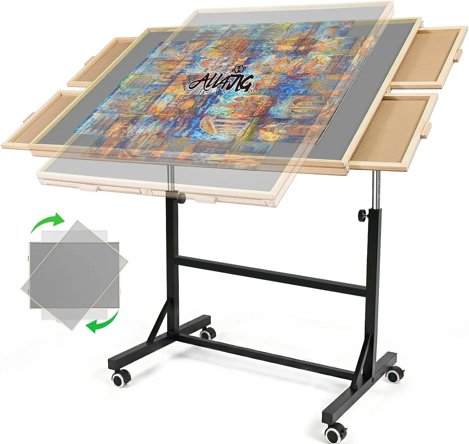 ALL4JIG  360° Rotating  Puzzle Board with 4 Drawers Portable Puzzle Table for 1500/2000 Pieces Adjustable Angle Height Stable Non-Slip Felt Surface Transparent Cover Practical Storage Drawers