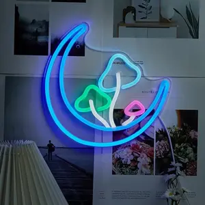 Novelty LED Moon Mushroom Neon Sign - Mirror Finish Wall Art, USB Powered, Multi-Color Ambient Lighting for Bedroom, Living Room, Weddings & Parties, Bedroom Decor, Festive Decoration, Easy Control Switch