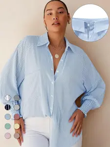Plus Size Striped Print Button Front Pocket Shirred Fitted Blouse Shirts, Casual Bishop Sleeve Long Sleeve Top for Daily Holiday Wear, Women's Clothes for Spring & Fall