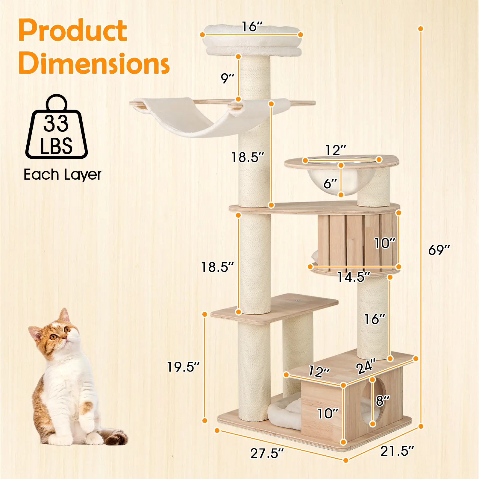 COSTWAY - 69 Inches Tall Cat Tree with Cozy Top Perch and Washable Plush Cushions