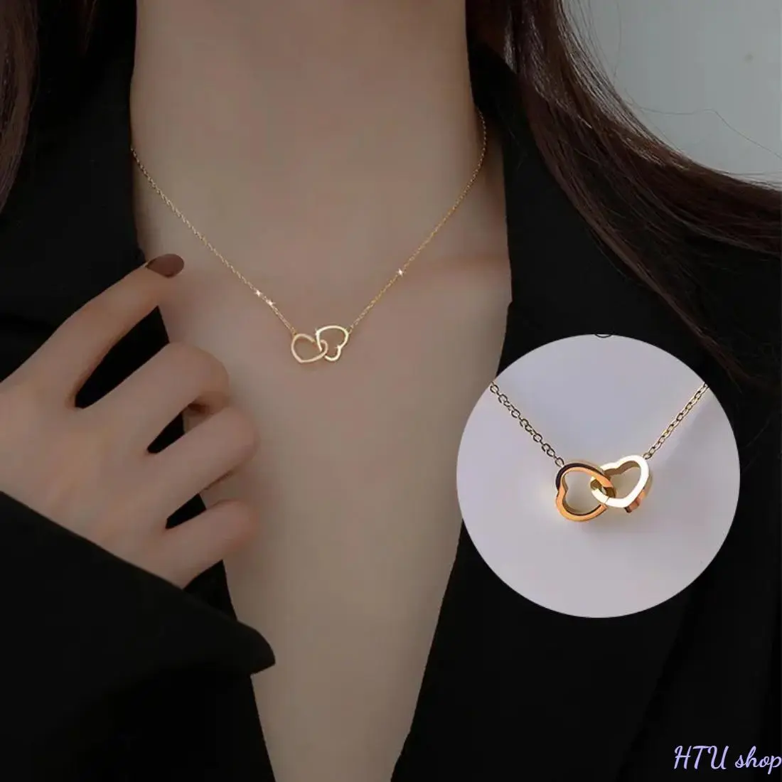 18K Rose Gold Double Circle Design Necklace - Korean Minimalist Jewelry, Dainty Titanium Steel Pendant, Warm Tone, Non-Tarnish, Waterproof, Hypoallergenic, Daily Wear, Anniversary/Birthday Gift for Her