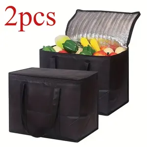 2pcs Large Capacity Insulated Grocery Bags, Foldable Reusable Soft Cooler Bag, Lightweight Hot Cold Takeout Food Delivery Bag, Soft Sided Cooler