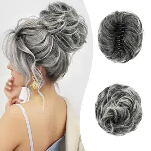 Claw Clip Messy Bun Hair Pieces for Women Large Wavy Curly Bun Extension Synthetic Clip in Ponytail Extensions Tousled Updo Hairpieces for Wedding Daily Party(Black with White Tips)