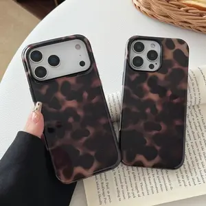 Compatible with iPhone 17 Pro Max Case Tortoise Shell Phone Case for Women Girl Shockproof TPU and Hard PC Protective Cover - Amber Brown Leopard