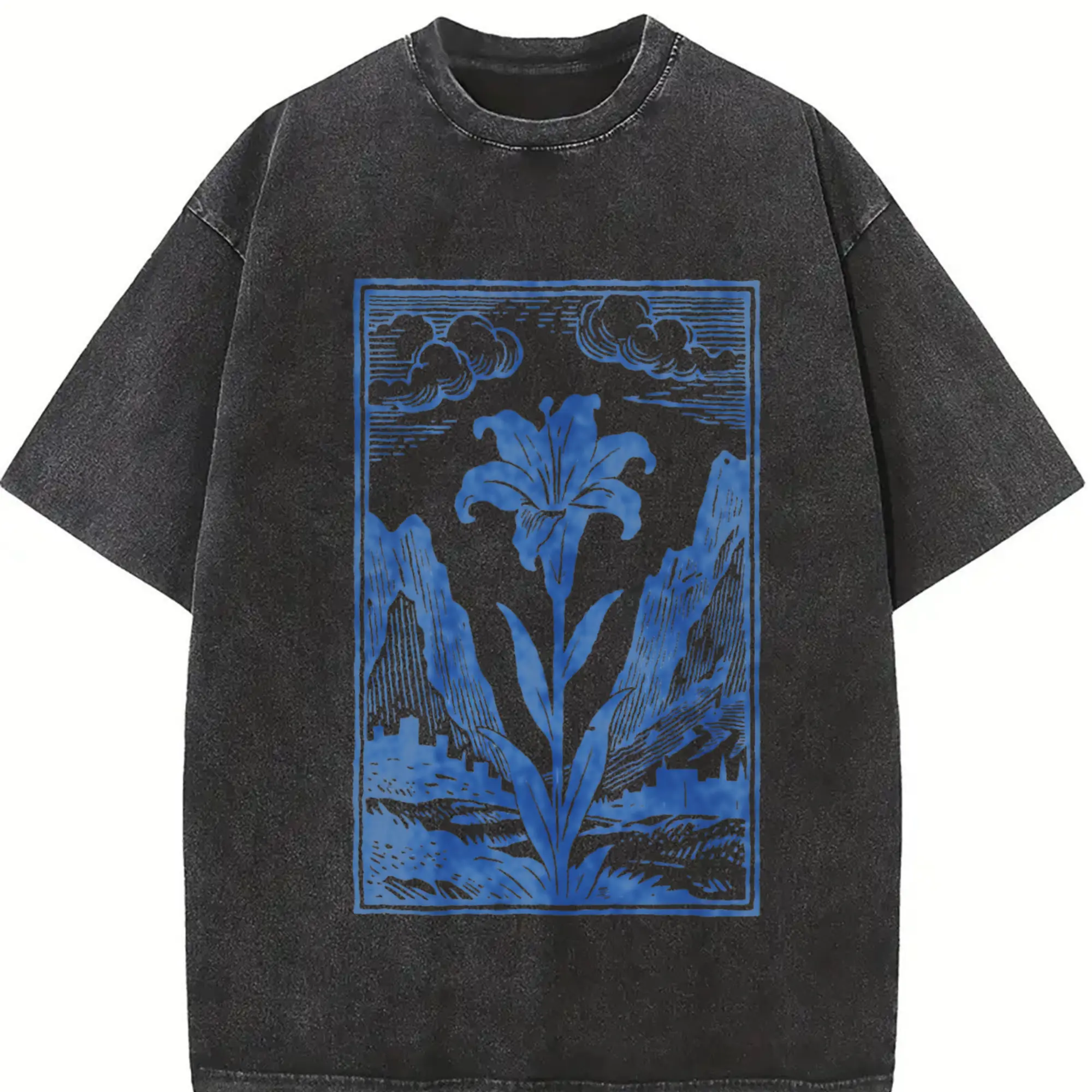 Men's Vintage Lily Flower Graphic Cotton T-Shirt - Medieval Renaissance Linocut Artwork Tee, Casual Crew Neck, Loose Fit Streetwear Retro Botanical Gothic Fantasy Gift