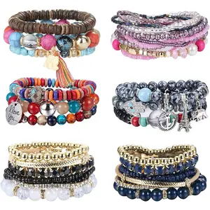 FINREZIO 6 Sets Colorful Vintage Boho Beaded Bracelet Set for Women Men Multicolor Stackable Stretch Bracelets with Unique Charms Durable Fashion Jewelry Set for Summer Vacation Gifting
