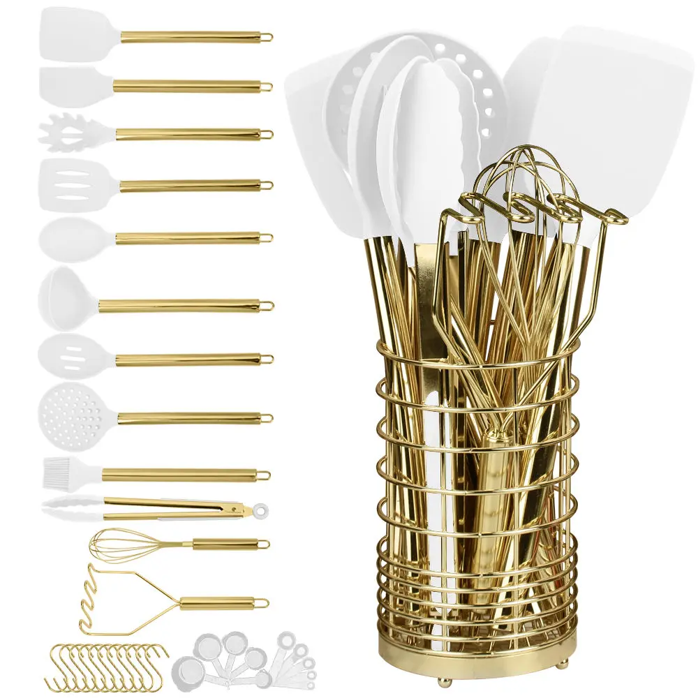 Professional Kitchen Utensil Set, Kitchenware, Heat Resistant Silicone, Non-Stick Cookware, Stainless Steel Handles, Spoon, Spatula, Ladle, Egg Beater, Whisk