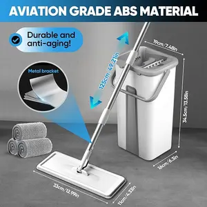 1 Set Flat Mop Bucket Set with Extra 2 Replaceable Microfiber Mop Cloths, Stainless Steel Mop Rod,  Hand-free Flat Mop with Bucket, Wet and Dry Wash-off Separation, Cleaning Supplies Cleaning Mop,  Wooden Floor, Glass, Household Items Cleaner Home Pad