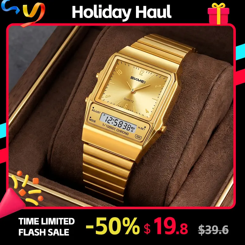 SKMEI Unisex Digital Watch, Compact 31.7mm Stainless Steel Band with Three Time Display Modes, Stopwatch Timer, Alarm and Day Date Display, Hourly Chime with 12/24 Hour Format, Daily Splash Resistant, Lightweight 69.5g Casual Everyday Watch