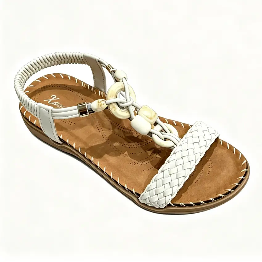 Women's Classic Elegant Bohemian Woven Beaded Plain Casual Walking Sandals - Adjustable Braided Strap, Soft Padded Cushion Insole, Non-Slip Rubber Outsole, Elastic Ankle Wrap, Microfiber Leather, 2 Colors (Black, White), Casual Wear Footwear, Flat Heel (1