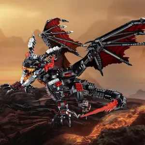 Fire Dragon Building Block Set, Large Size, Flexible Wings Mouth Tail, Includes Stand Base, Abs Plastic, High Difficulty Adult Toy, Building Kit
