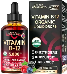 USDA Organic Vitamin B12 Sublingual Drops - 5000 mcg Liquid Vegan Methylcobalamin for Women & Men - Energy Boost, Focus & Mood, Brain Health Support - Maximize Absorption - 2 Month Supply, 2 fl oz
