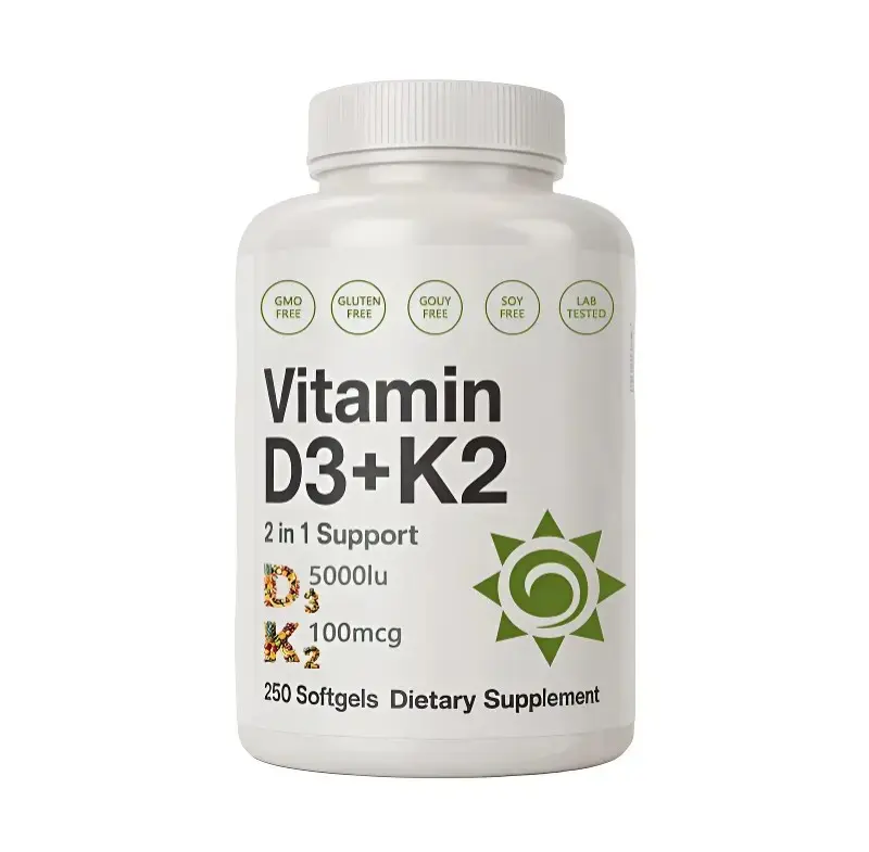 2-in-1 Vitamin D3 K2 Dietary Supplement, 250 Veggie Softgels (5000 IU D3 + 100 mcg K2 MK7) - Healthcare Support for Bones, Teeth, Heart