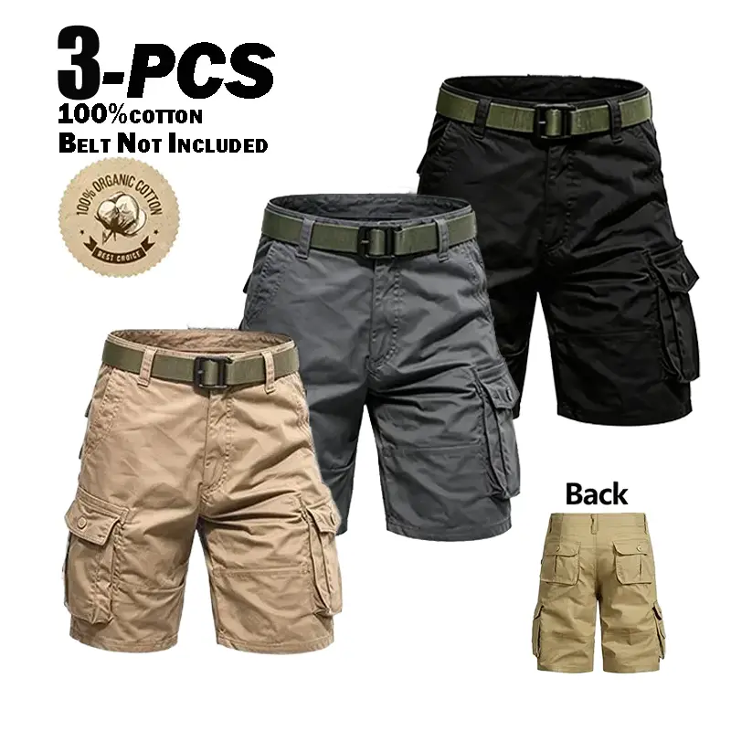 Men's 3-Pack 100% Pure Cotton Knee-Length Tactical Cargo Shorts Set, Menswear, Summer Wear, Abrasion-Resistant, Multi-Pocket, Outdoor Hiking/Casual, Versatile Solid-Color, No Belt Included
