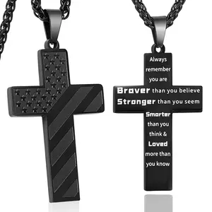 Men's 24in Stainless Steel Patriotic Cross Fashion Necklace, Black American Flag Design with Bible Verse Pendant, Religious Gift for Him