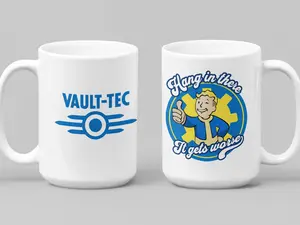 Vault-Tec Fallout Microwave safe Mug , Ceramic Coffee Mug & Accent Mug, Hang in There It Gets Worse Gamer Gift for Fans
