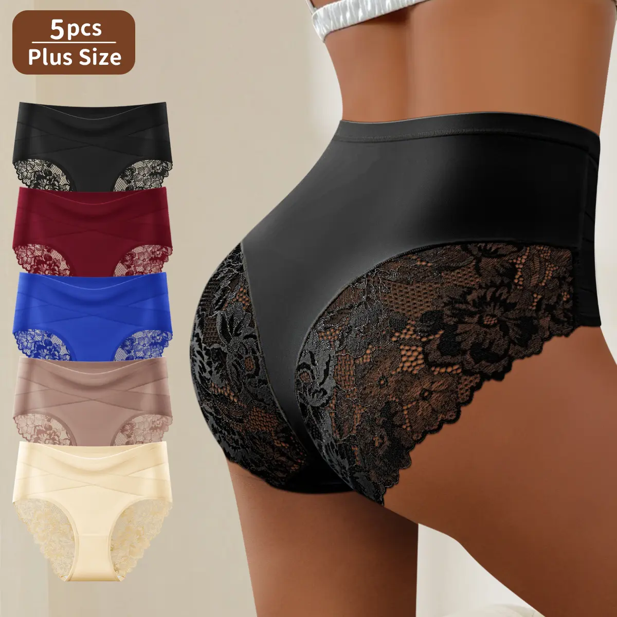 Sexy Plus Size Tummy Control Panties 5-Pack, High-Waisted Crossover Lace-Back Briefs, Moisture-Wicking High-Stretch Underwear