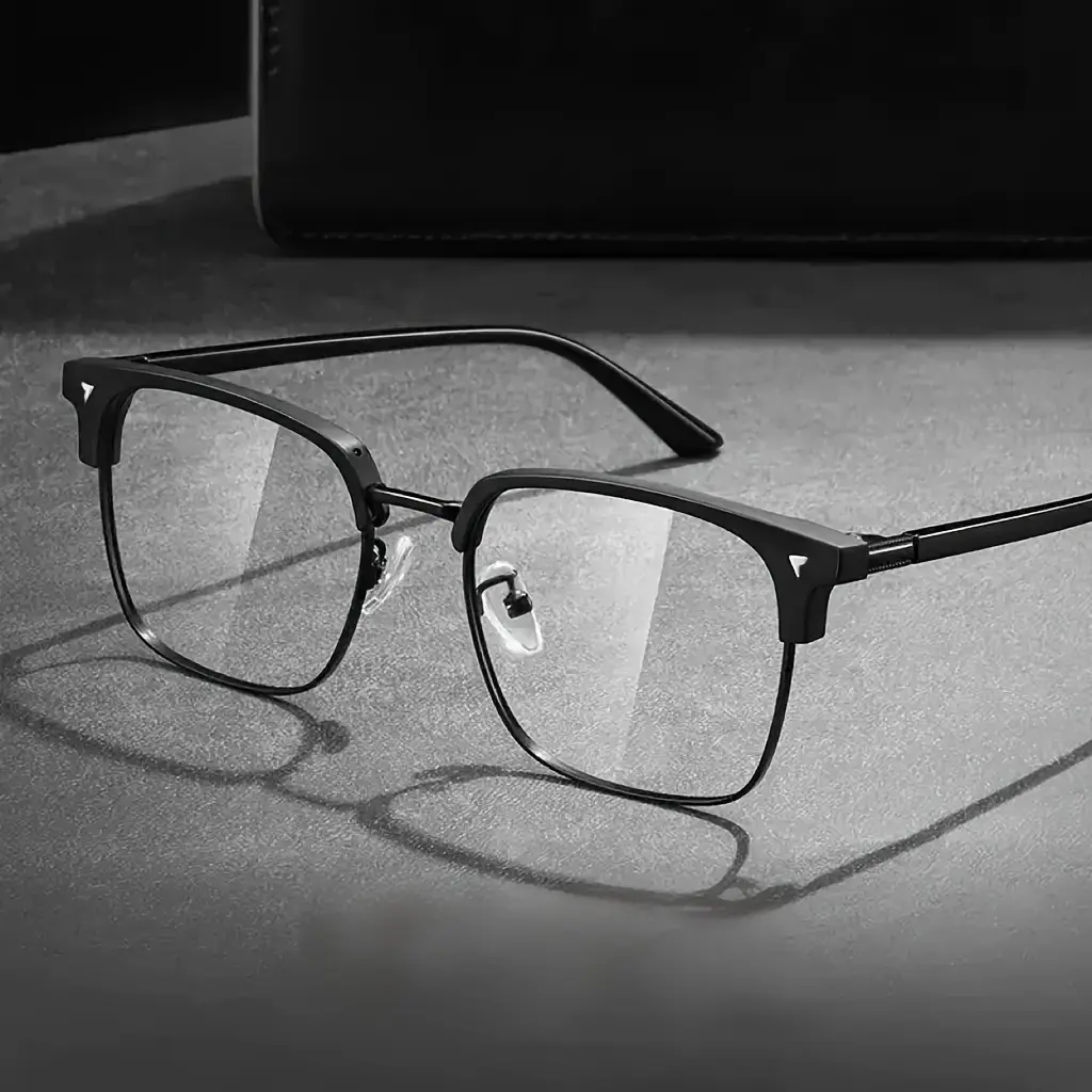 Retro Browline Eyeglass Frames for Adult Male, Thick Frosted Black-Semi Rimless Style, Black and Gold Frame Option, Non-Prescription Lenses, Small Face Fit, Frosted Black Frame