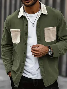 Men's Autumn Winter Colorblock Corduroy Long Sleeve Shirt, Casual Button Front, Loose Fit Workwear Jacket, Casual Fashion Outerwear for Men