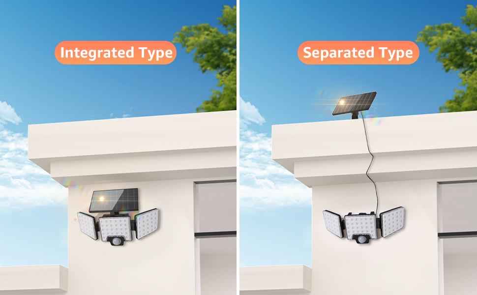 Lepro Solar Security Lights Outdoor Motion Sensor, 2 in 1 Separated and Integrated Remote Control IP65 Waterproof Solar Lights with 2 Light Modes, 3 Heads Floodlight for Garden Yard Garage