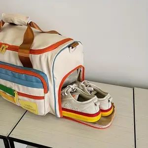 Colorful Retro Travel Bag Large Capacity Duffle Shoulder Strap Vintage Canvas Multi-Pocket Casual Weekend Luggage for Women