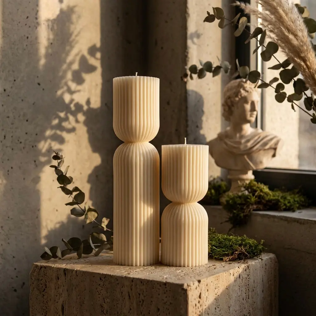 Architectural Hourglass Pillar Candle Set - Vanilla Scent, Ribbed Design, Home Decor Centerpiece for Living Room, Coffee Table, Console, Neutral