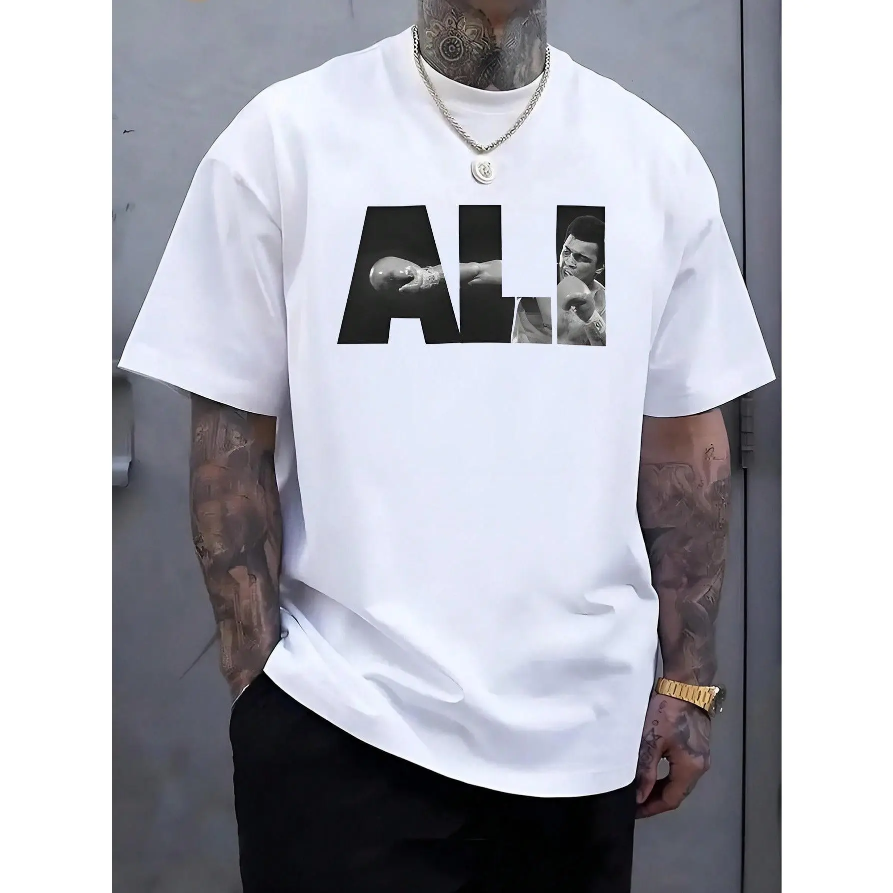 Men's Vintage Graphic T-Shirt, Streetwear Top with Muhammad Ali Boxing Poster Print, Casual Short Sleeve, Shortsleeve, Menswear, Tshirt, Whimsical Art, Playful Look, Cotton, Graphic Print, Chic, Cute